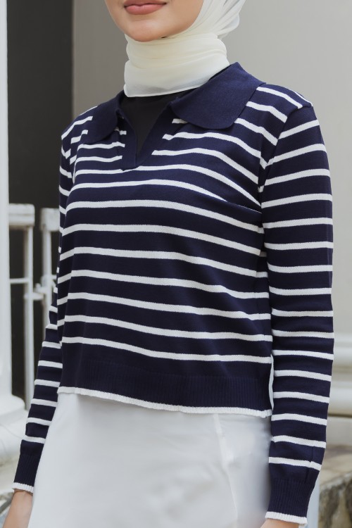 Emily Stripe Blouse in Navy Blue